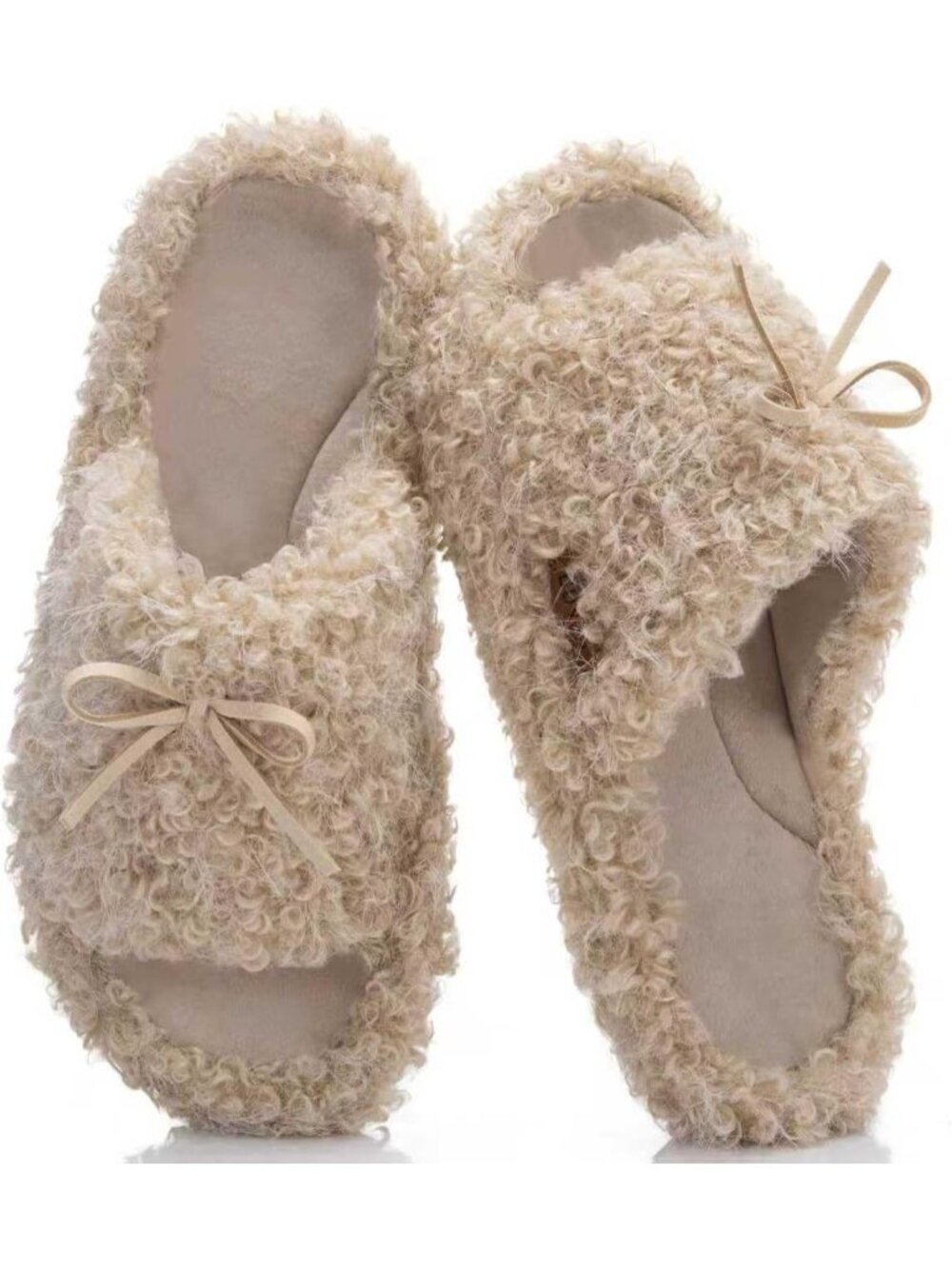 Women's Light Beige 1 Open Toe Bow Knot Double Strap Memory Foam Indoor Slippers